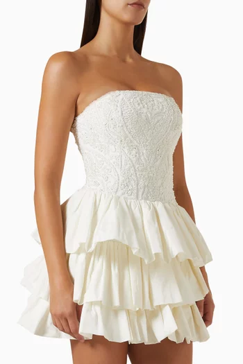Beaded Ruffle Mini Dress in Mikado