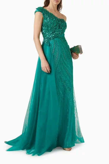 One-shoulder Train Gown in Tulle