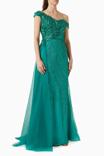 One-shoulder Train Gown in Tulle