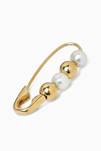 Friendship Bead & Pearl Safety Pin Single Earring in 14kt Yellow Gold