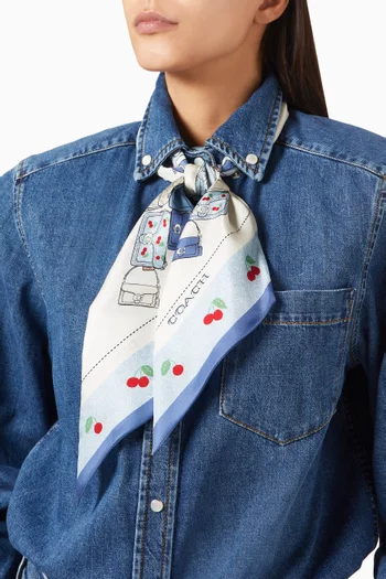 Tabby & Cherry-print Skinny Scarf in Silk