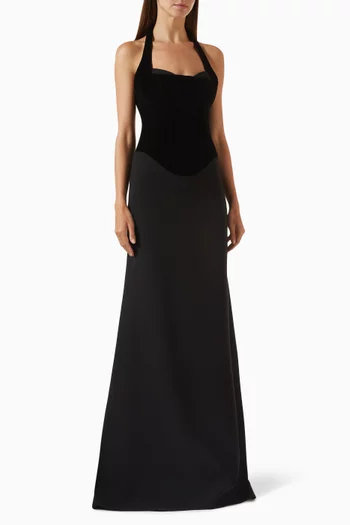 Hazal Halter-neck Gown in Velvet & Crepe