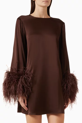 Feather-trim Shift Mini Dress in Satin
