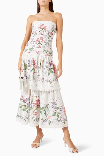 Printed Strapless Tiered Midi Dress