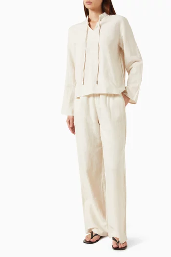 Tie-neck Long-sleeve Shirt in Linen-blend