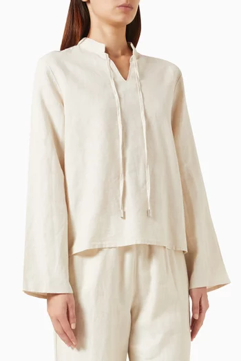 Tie-neck Long-sleeve Shirt in Linen-blend