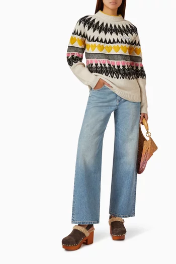 Floral Embroidered Straight Jeans in Denim
