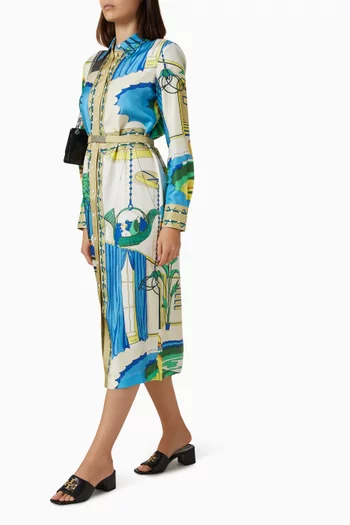 Printed Shirt Midi Dress in Silk