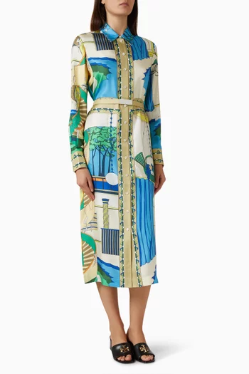 Printed Shirt Midi Dress in Silk
