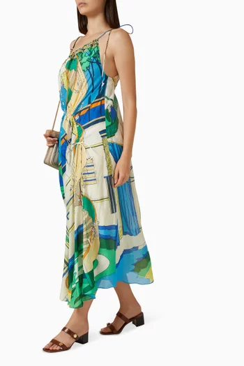 Printed One-shoulder Midi Dress in Cotton & Silk