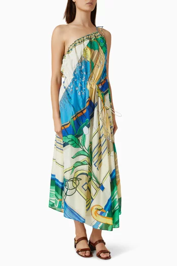 Printed One-shoulder Midi Dress in Cotton & Silk