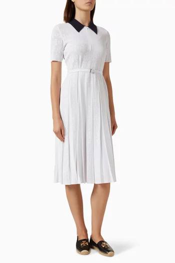 T Monogram Pointelle Pleated Midi Dress