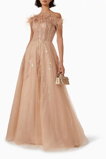 Feather Beaded Ball Gown in Tulle
