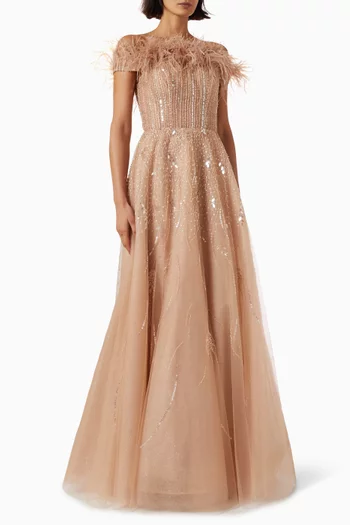 Feather Beaded Ball Gown in Tulle