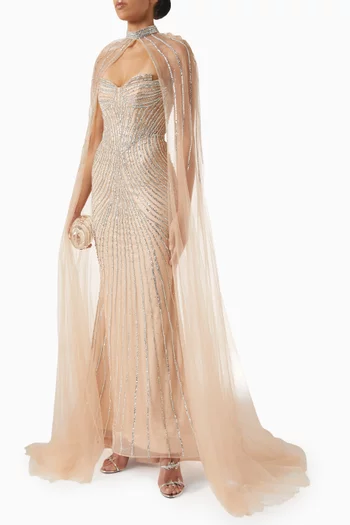 Crystal-beaded Cape Gown in Tulle