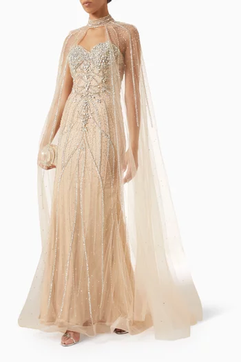 Crystal-beaded Cape Gown in Tulle