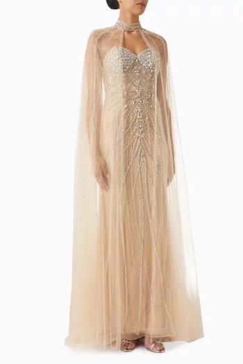 Crystal-beaded Cape Gown in Tulle