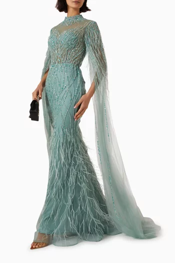 Feather Beaded Cape Mermaid Gown in Tulle