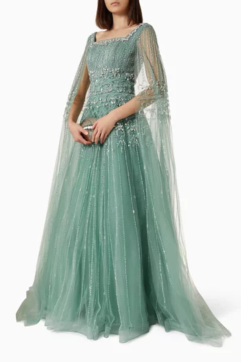 Beaded Cape Ball Gown in Tulle