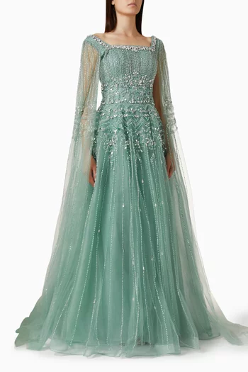 Beaded Cape Ball Gown in Tulle