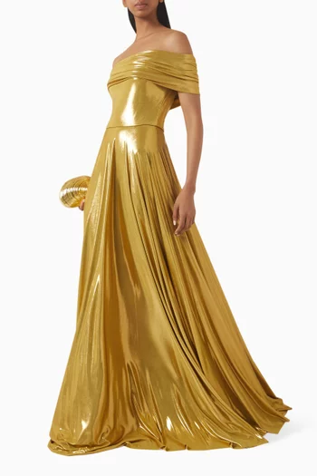 Off-shoulder Flared Gown in Lame
