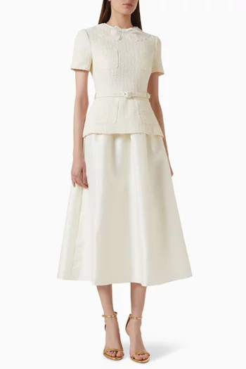 Belted Midi Dress in Bouclé Taffeta