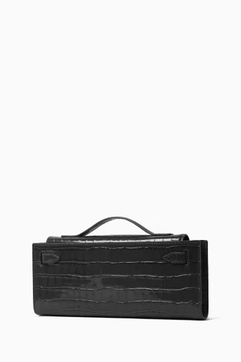 CROC EMBOSSEDLEATHER  VERONICA BEARD DASH CLUTCH SMALL FLAP AND BELTED STRAP CLOSURE WITH TOP HANDLE IN GOLD HARDWARE:BLK:One Size|219800818