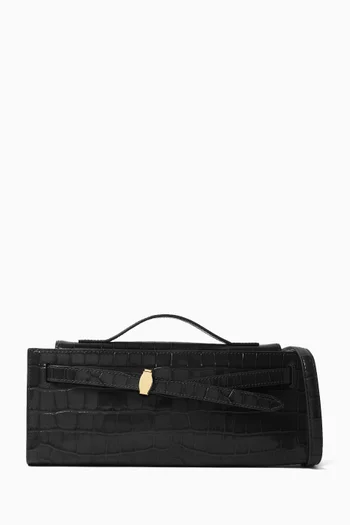 CROC EMBOSSEDLEATHER  VERONICA BEARD DASH CLUTCH SMALL FLAP AND BELTED STRAP CLOSURE WITH TOP HANDLE IN GOLD HARDWARE:BLK:One Size|219800818