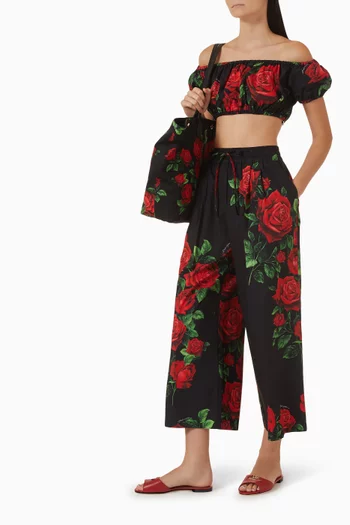 Rose-print Cropped Wide-leg Pants