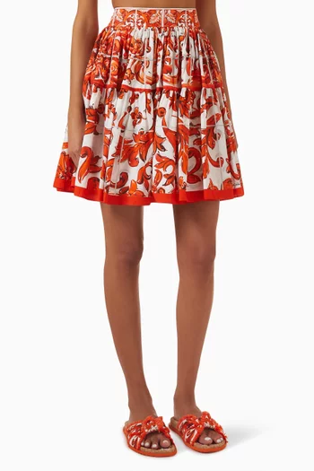 Majolica-print Short Skirt in Cotton Poplin