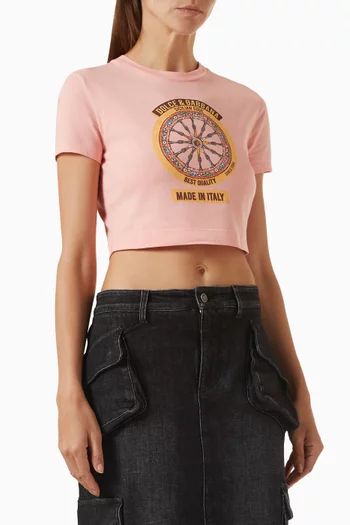 Printed Cropped T-shirt in Stretch Cotton