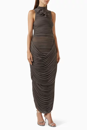 High-neck Draped Midi Dress in Cupro