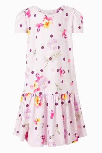 Floral & Polka Dot Ruffled Dress in Cotton