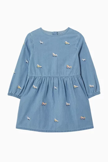 Horse-embroidered Flared Dress in Cotton