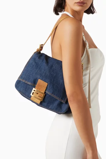 Mamma Baguette Shoulder Bag in Denim & Lizard Leather