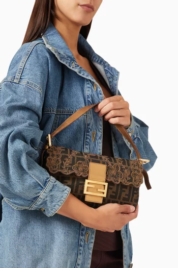 Zucca Embroidered Baguette Shoulder Bag in Canvas & Leather