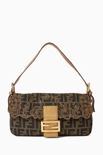 Zucca Embroidered Baguette Shoulder Bag in Canvas & Leather
