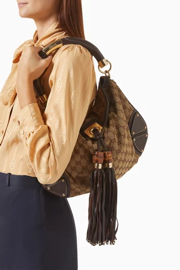 2000s Classic GG Indy Tassel Shoulder Bag in Leather & Monogram Canvas
