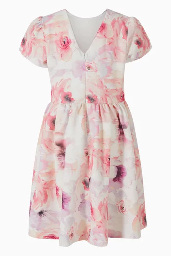 Floral Puff-sleeve Flared Dress