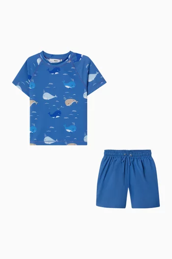 Whale-print Rash Guard & Swim Shorts Set