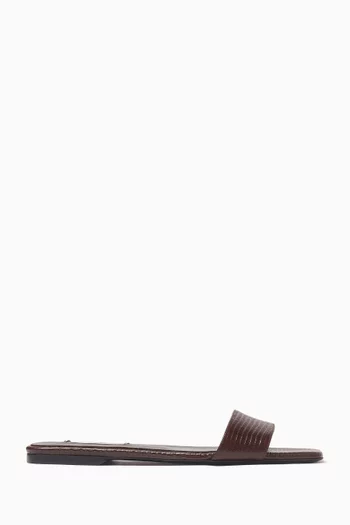 Bandeau Flat Slide Sandals in Lizard-embossed Leather