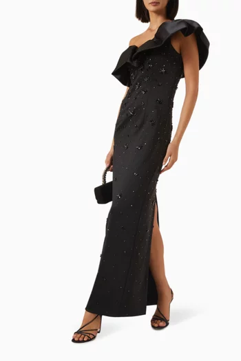 Beaded One-shoulder Maxi Dress in Crepe