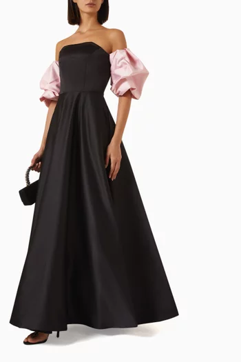 Off-shoulder Puff-sleeve Gown in Satin