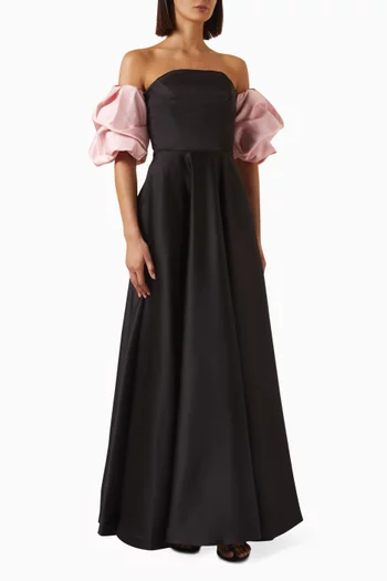 Off-shoulder Puff-sleeve Gown in Satin
