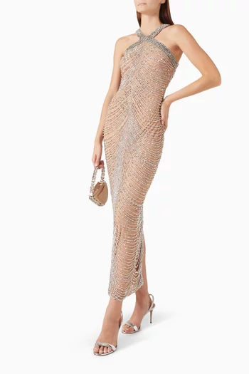 Halterneck Embellished Maxi Dress in Mesh
