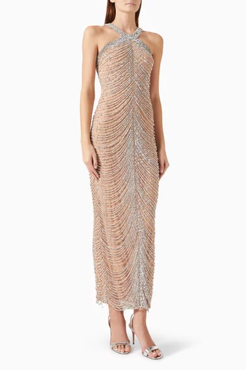 Halterneck Embellished Maxi Dress in Mesh
