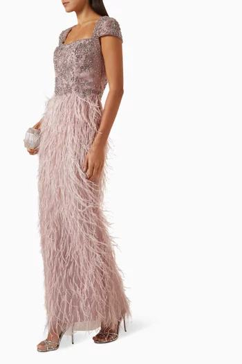Embellished Feather Cap-sleeve Gown