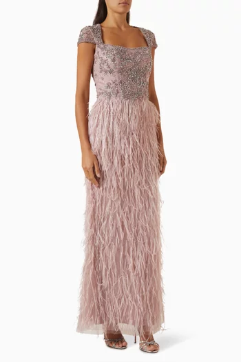 Embellished Feather Cap-sleeve Gown