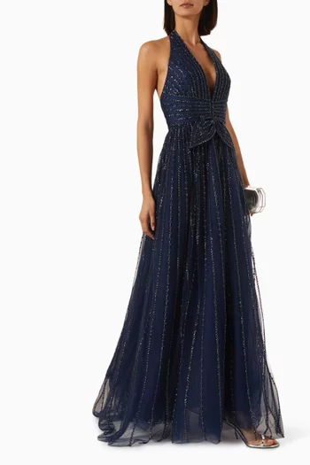 Beaded V-neck Gown in Mesh