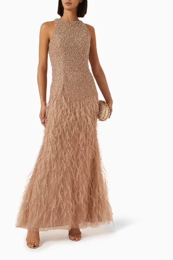 Embellished Feather Gown in Net